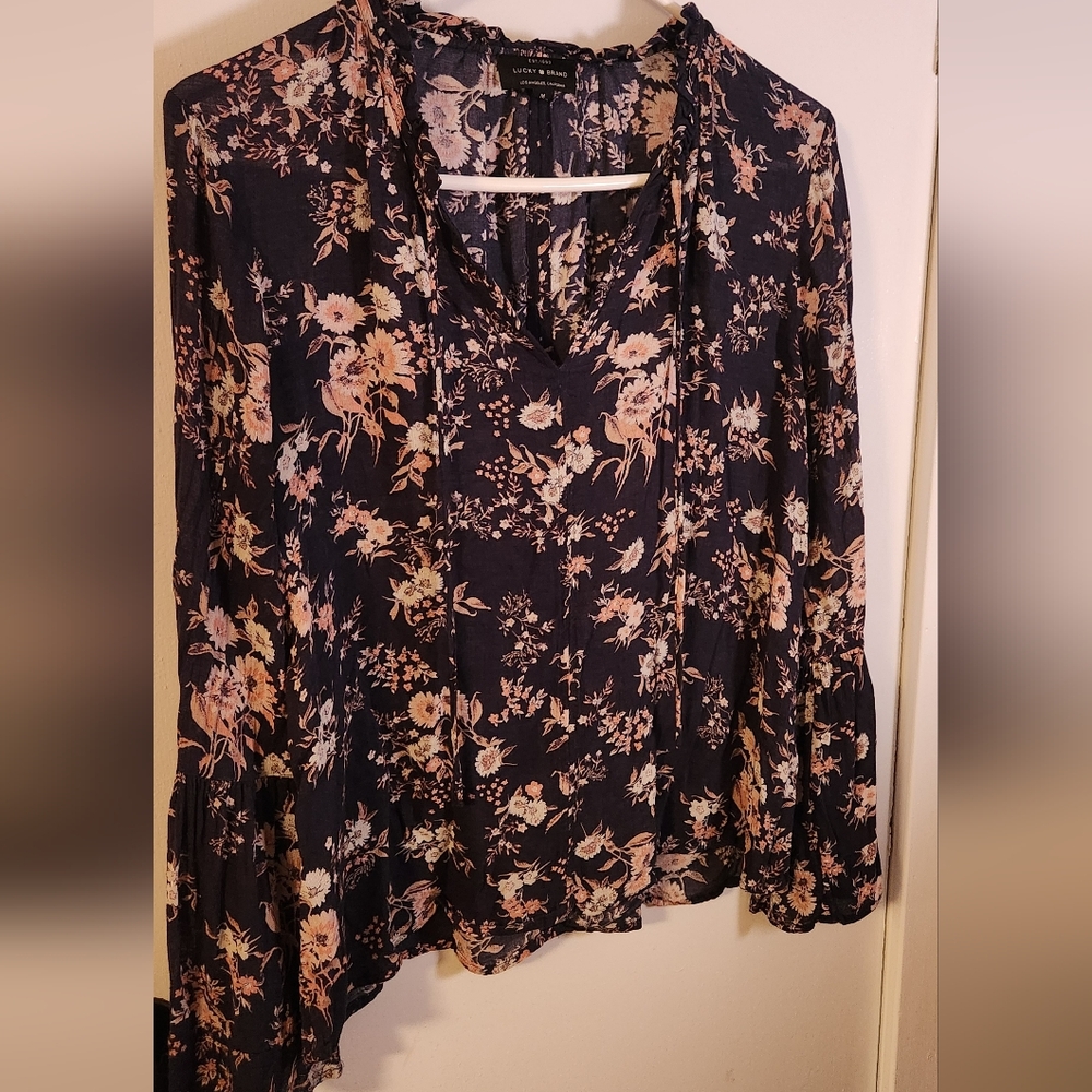 Lucky Brand Floral Black Blouse Size Med